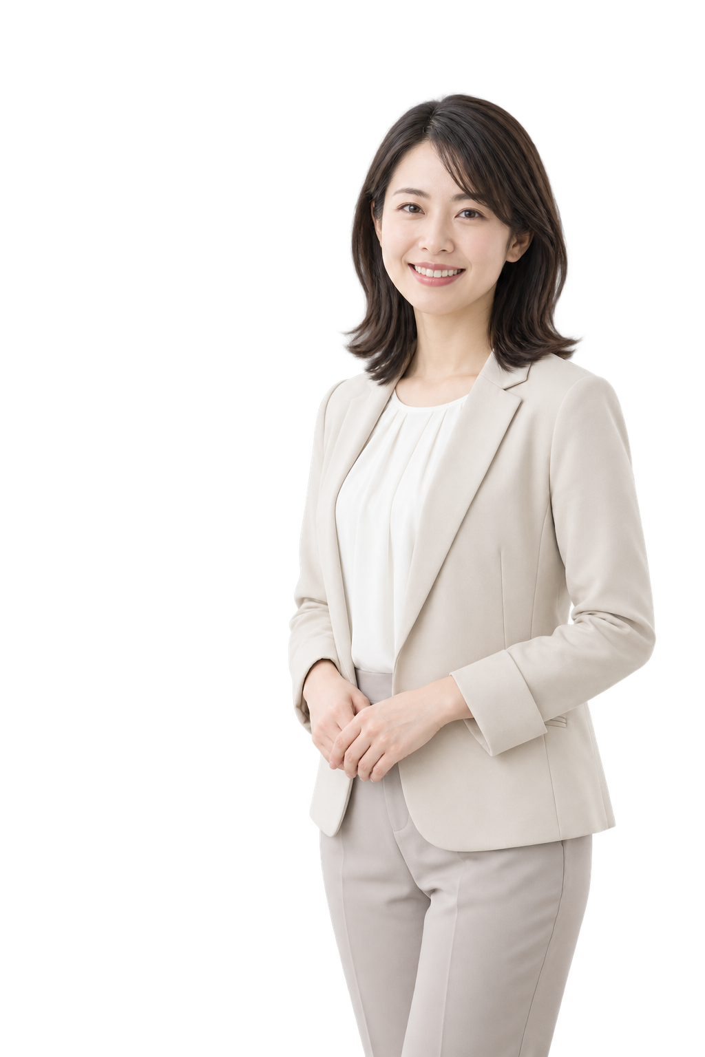 画面の横に立つオフィスカジュアルの女性のイメージ